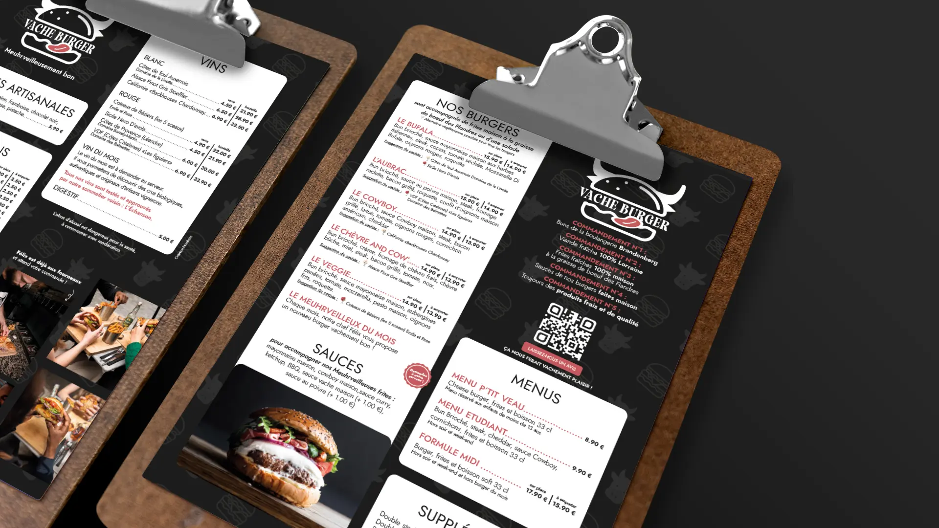 Réalisation d'un menu print pour le restaurant Vache Burger par Novakom, votre agence de communication à Nancy et Pompey